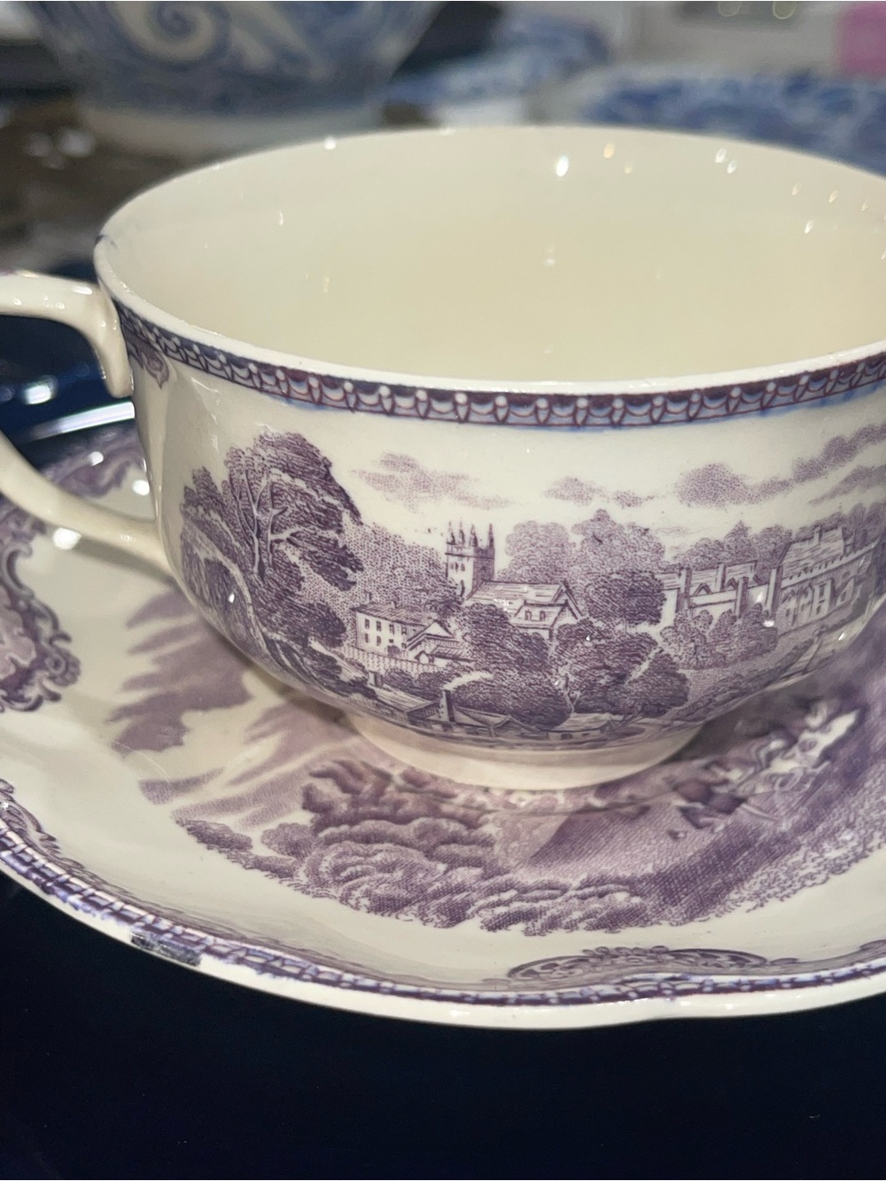 Johnson Bros Scenic Purple Porcelain Teacup and Saucer